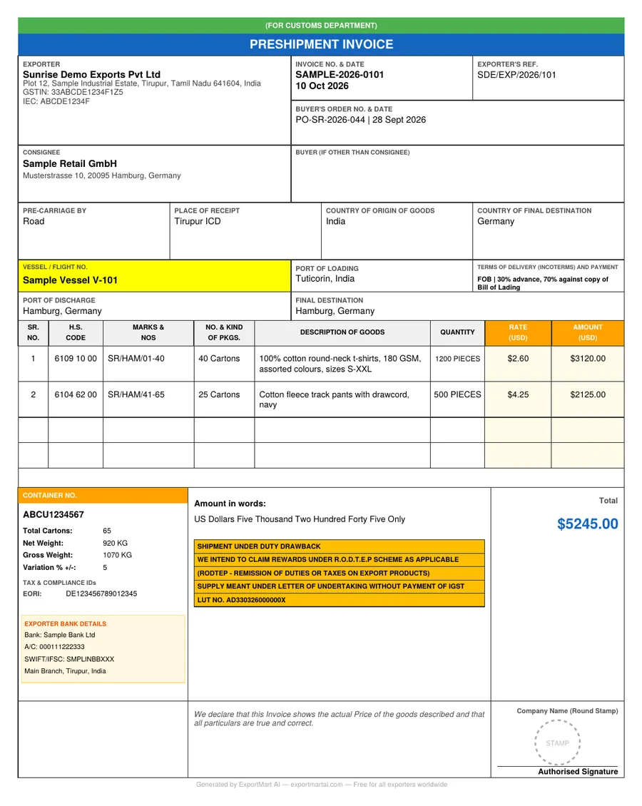 Sample Pre-shipment Invoice PDF made with ExportMart AI